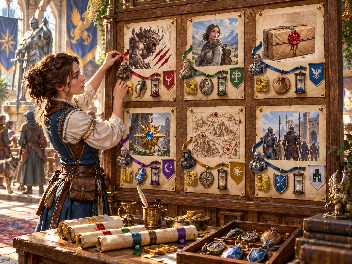 Fantasy illustration of a guild clerk arranging illustrated bounty and job notices on a wooden board