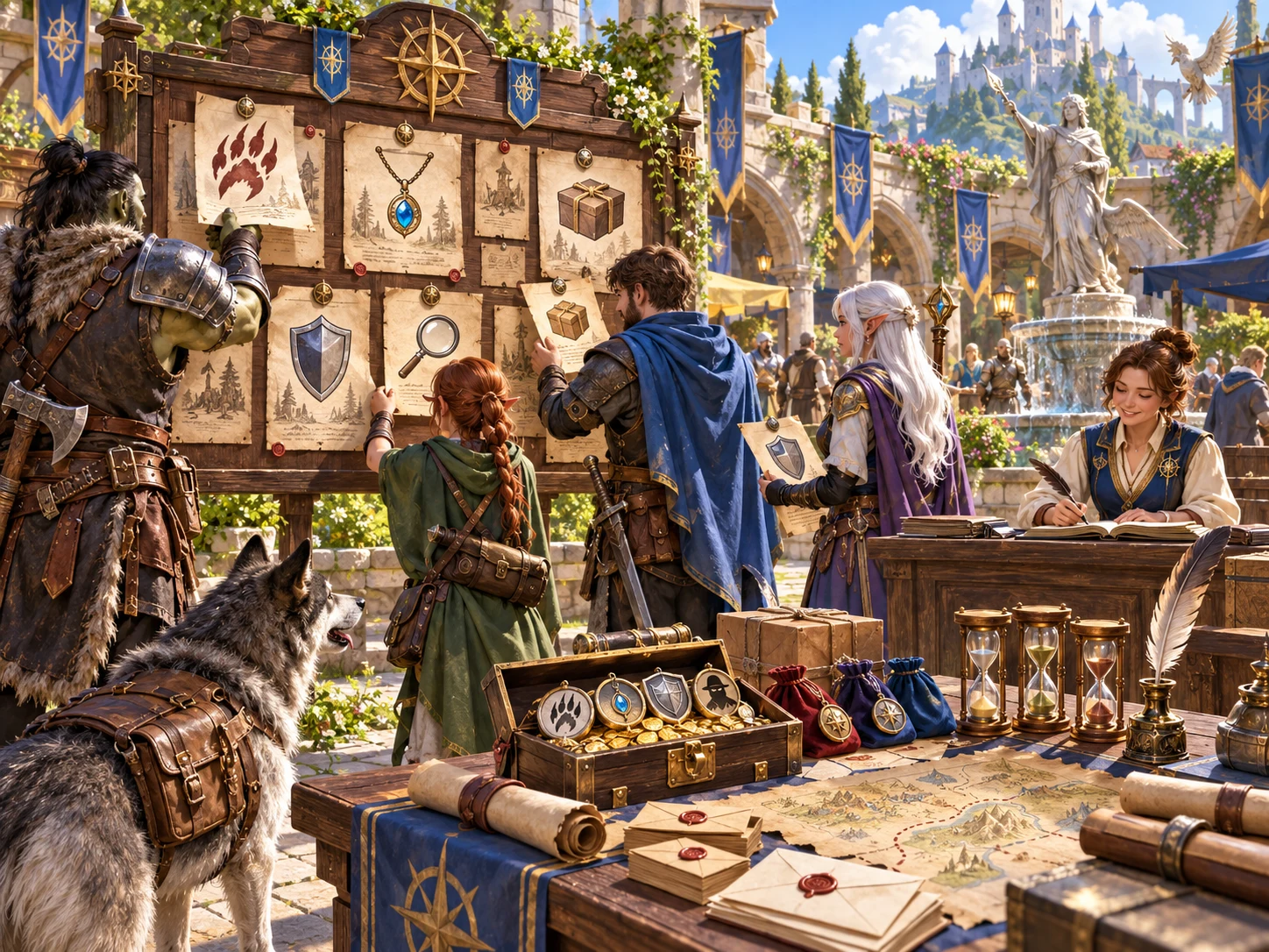 Fantasy illustration of adventurers reviewing a public job board beside a guild desk