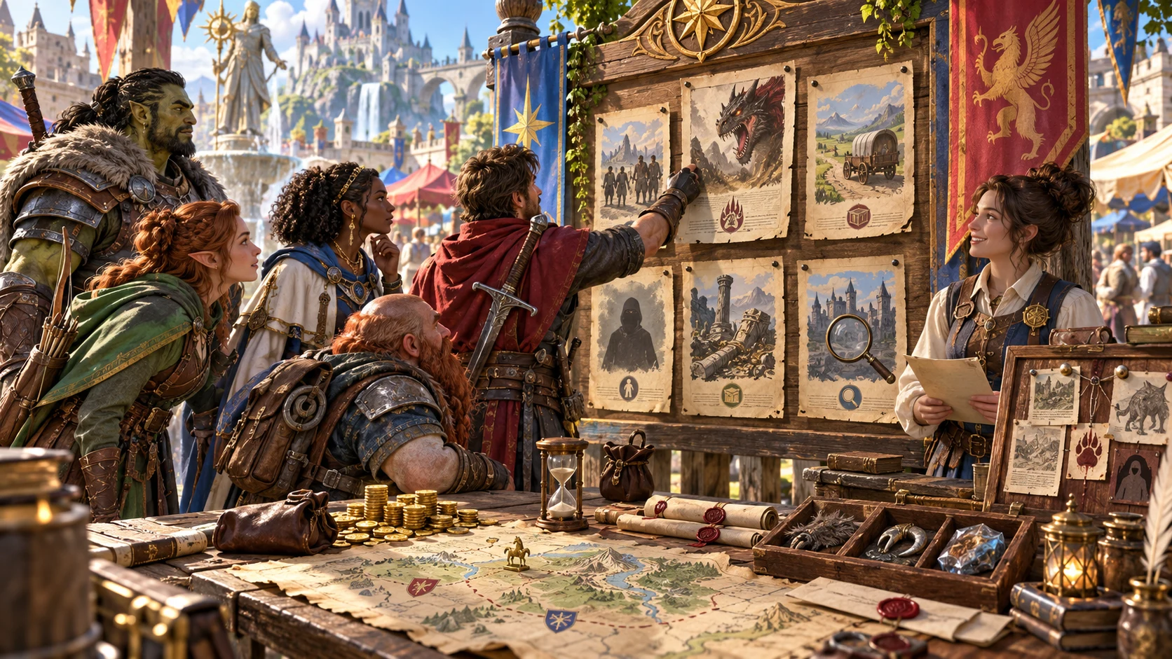 Fantasy illustration of an adventuring party discussing notices with a guild clerk